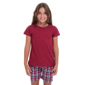 Girls summer pajama set Dark red t-shirt   Dark Blue x Red Checkered shorts