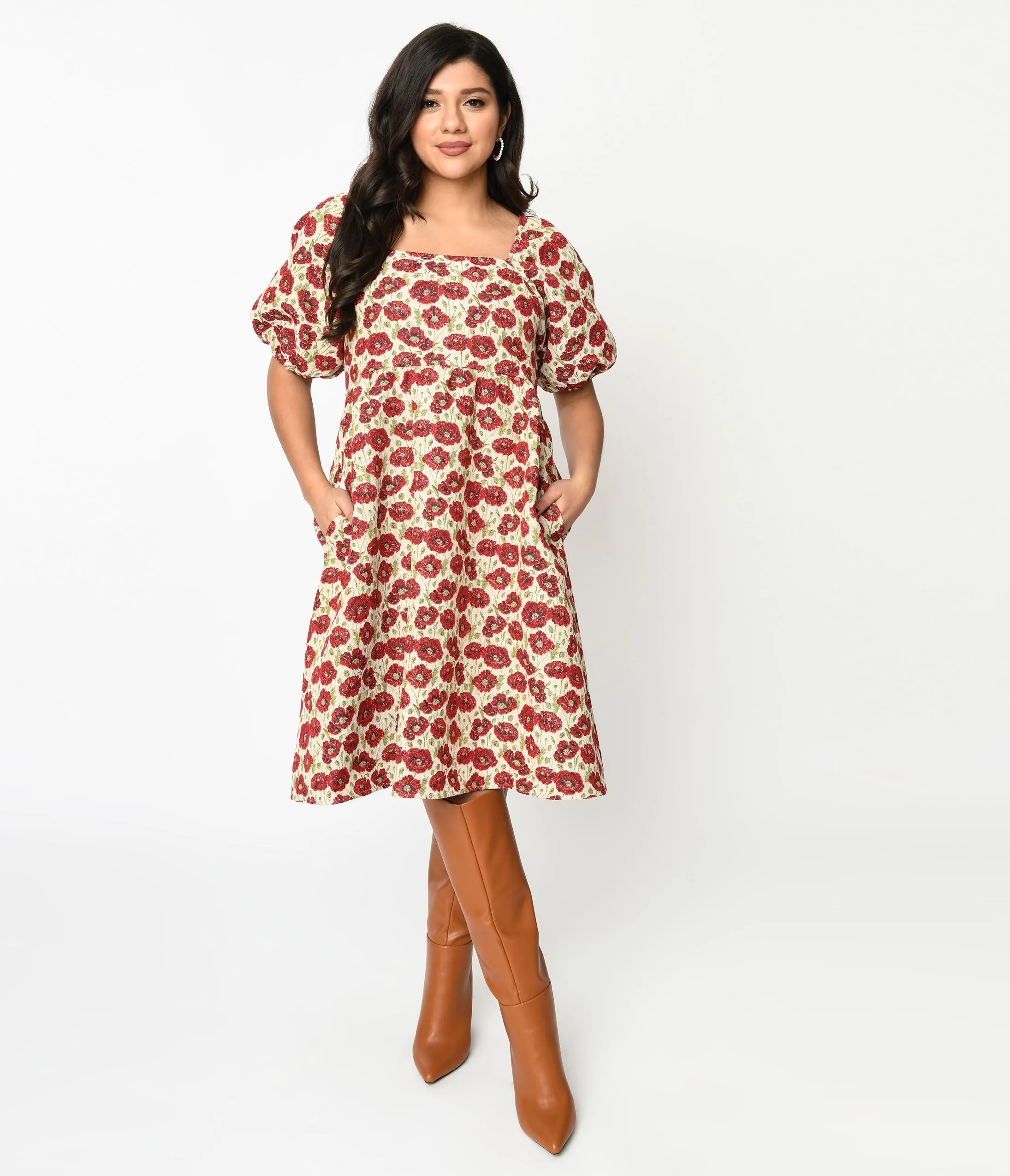 Ivory & Red Floral Kiss Jacquard Fit & Flare Dress