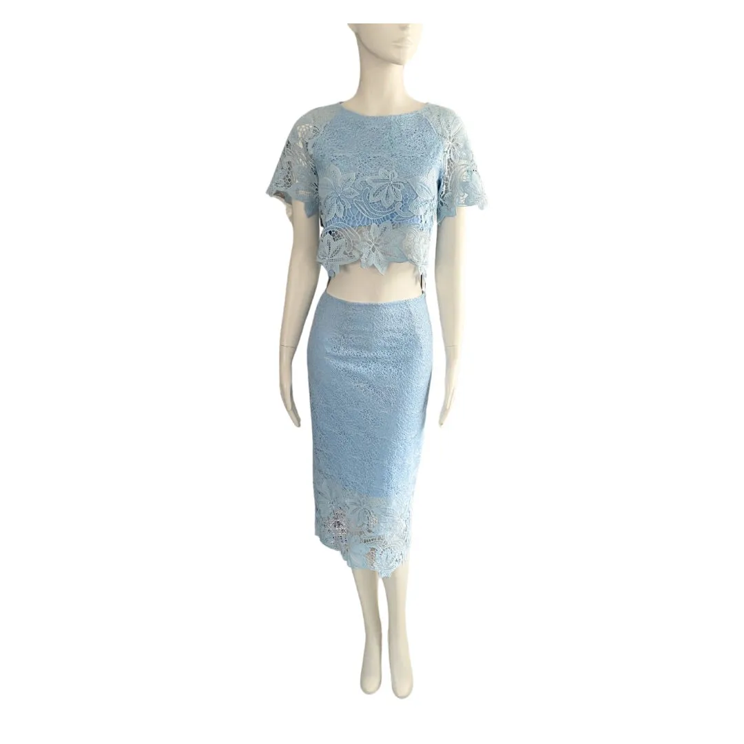 Lace Appliqué Pencil Skirt Blue