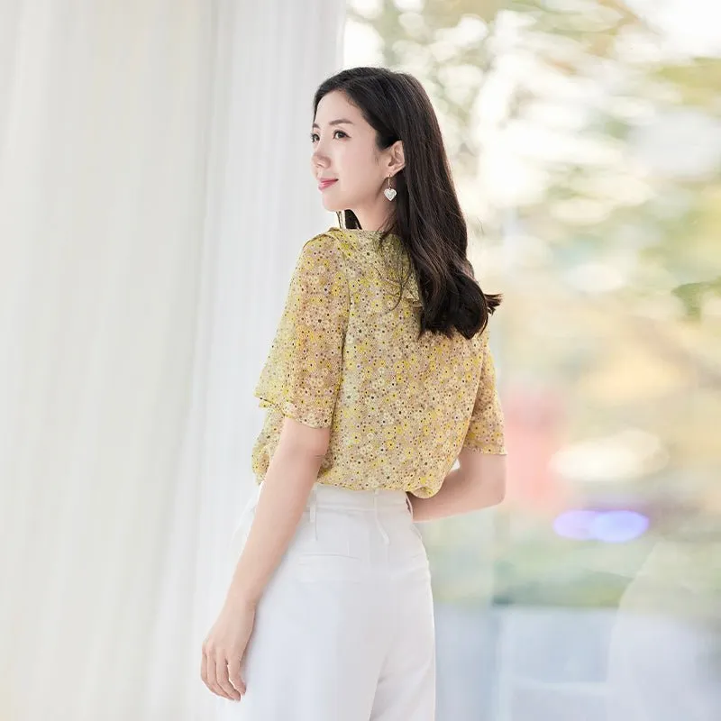 Light Yellow Short Sleeve Floral T-shirt