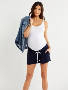 Linen Under Belly Drawstring Maternity Shorts in Navy