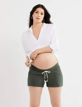 Linen Under Belly Drawstring Maternity Shorts in Olive