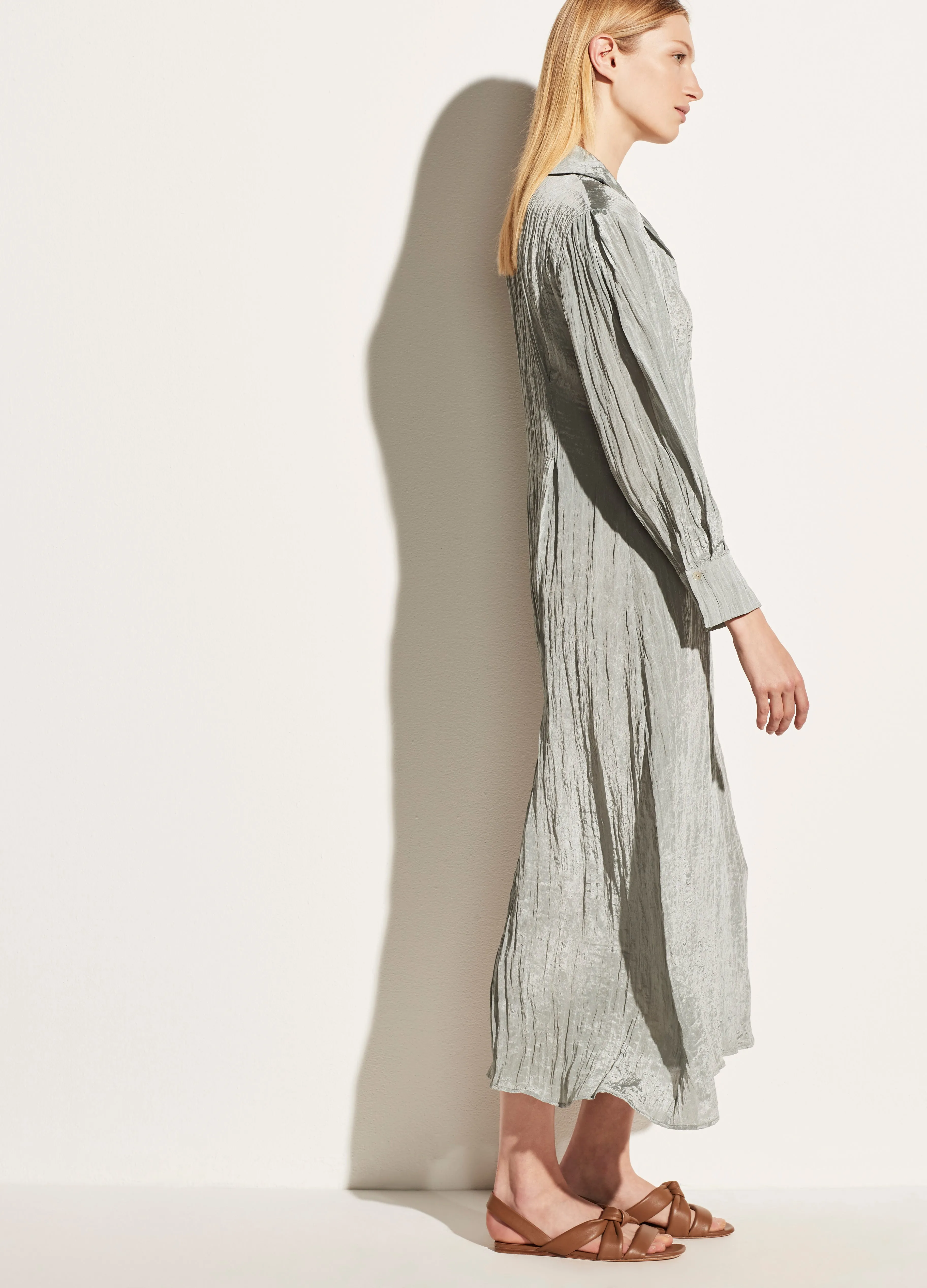 Long Sleeve Shaped Collar Fitted Dress in Sea Stone