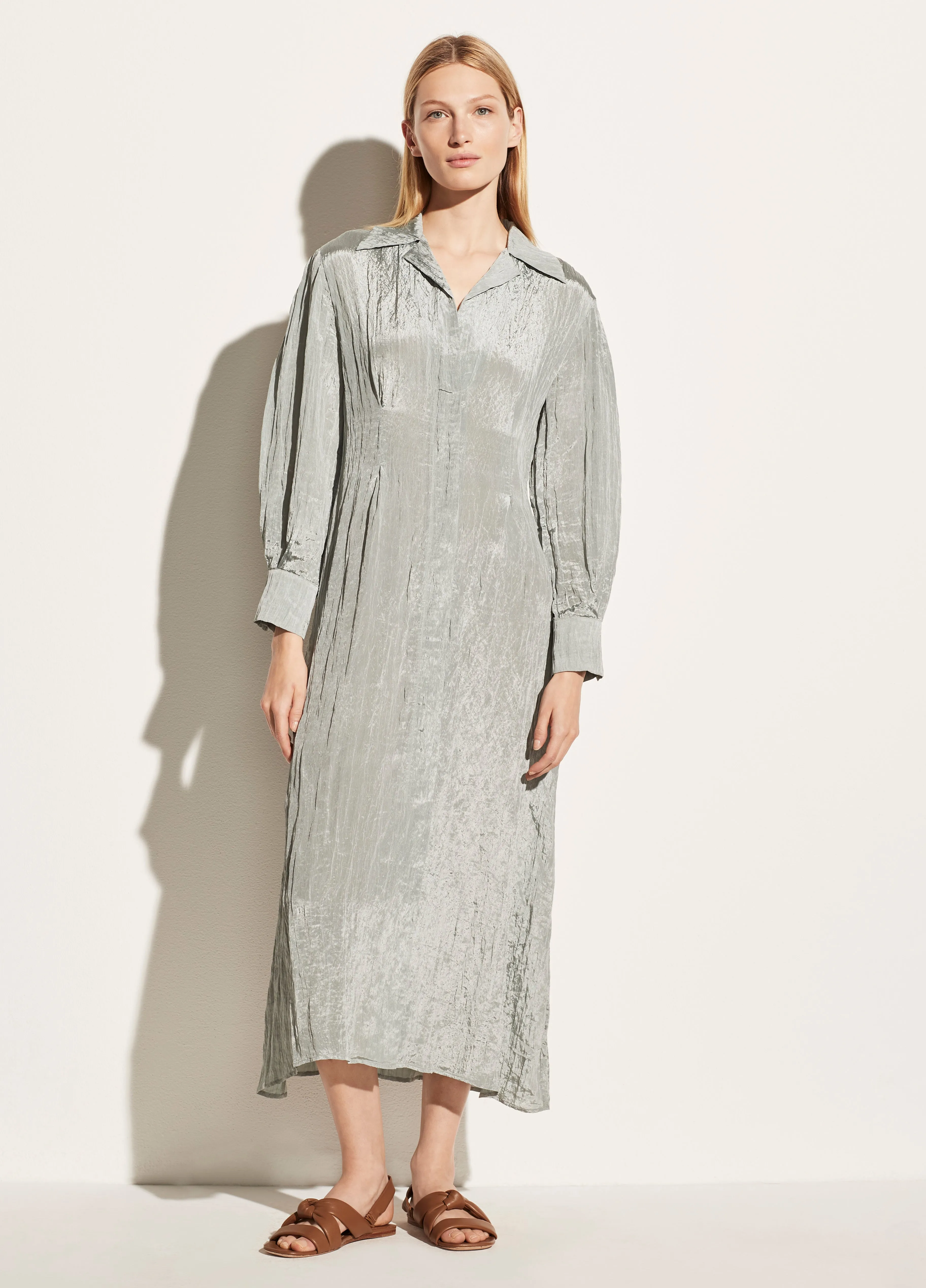 Long Sleeve Shaped Collar Fitted Dress in Sea Stone