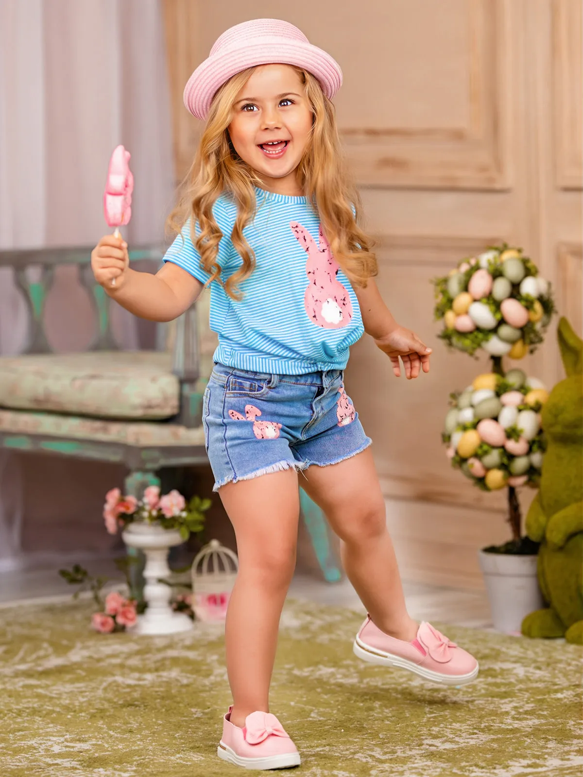 Pencil Stripe Bunny Tail Denim Shorts Set