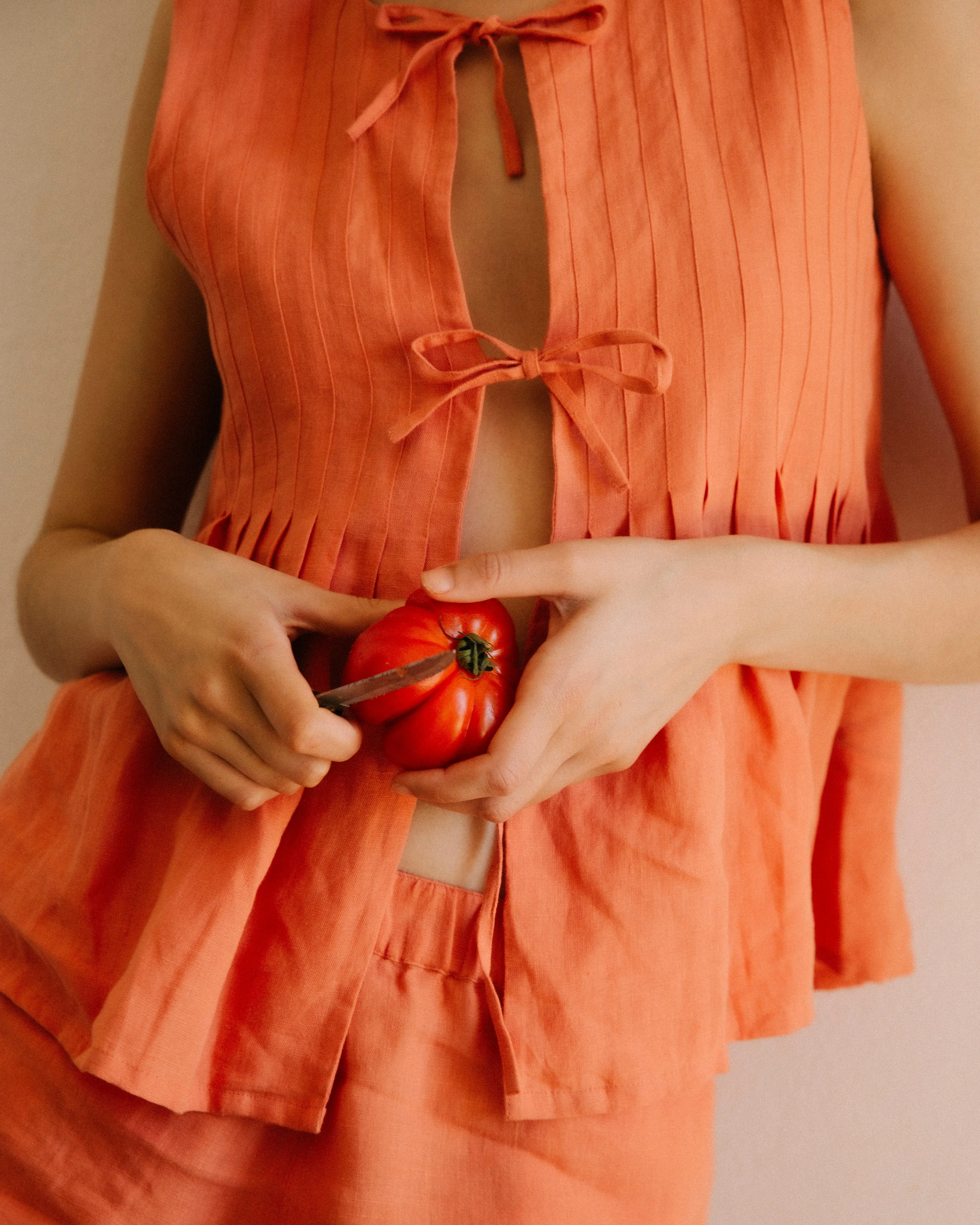 Pleated Cami Top and Shorts Set Coral Linen