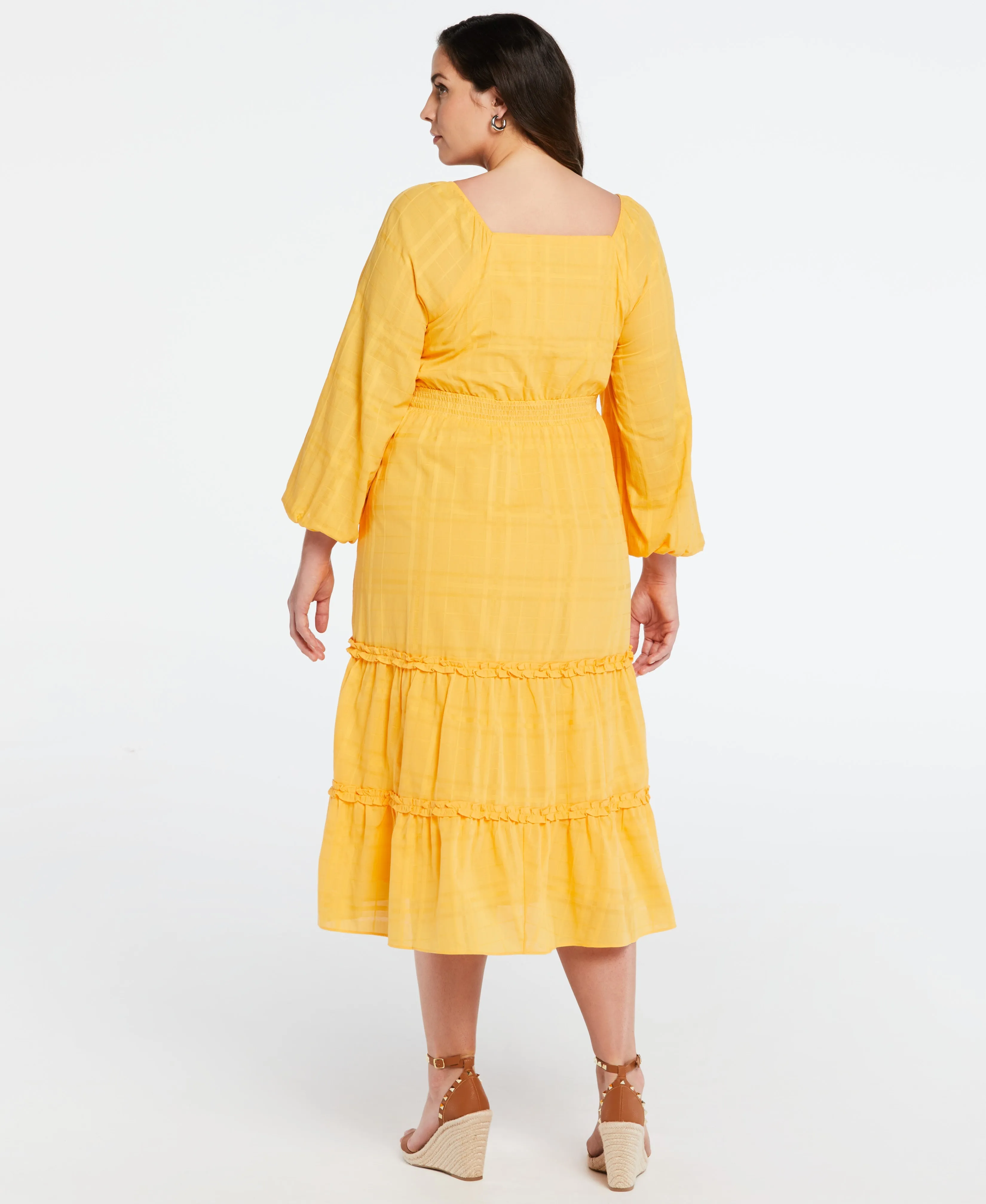 Plus Size 100% Cotton Square Neck Puff Sleeve Dress