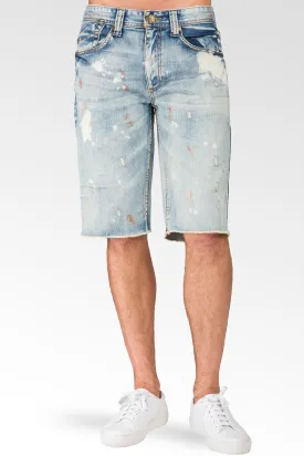 Relaxed Midrise Bleach Blue Cut Off Premium Denim Shorts 13" Inseam paint splatter