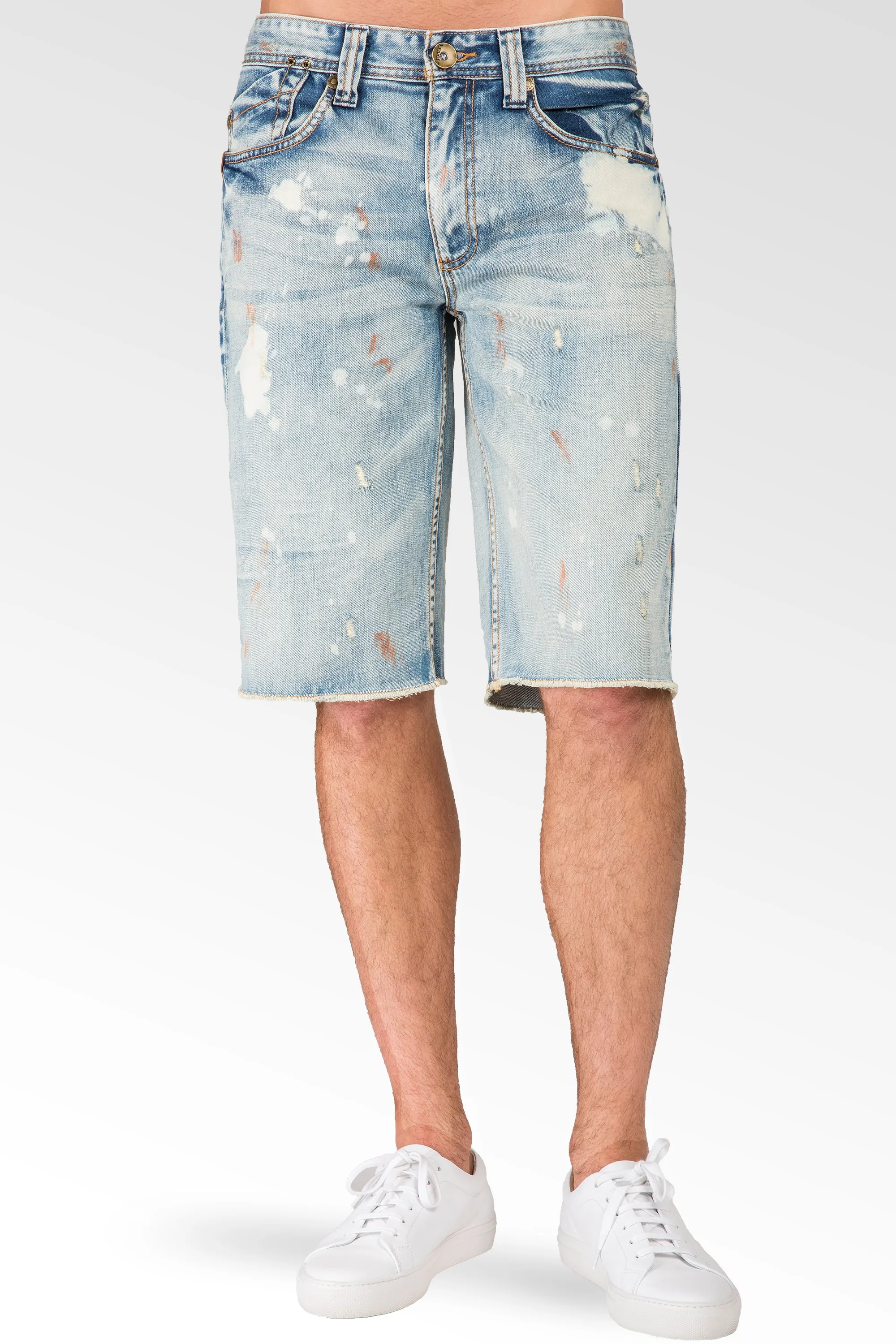 Relaxed Midrise Bleach Blue Cut Off Premium Denim Shorts 13" Inseam paint splatter