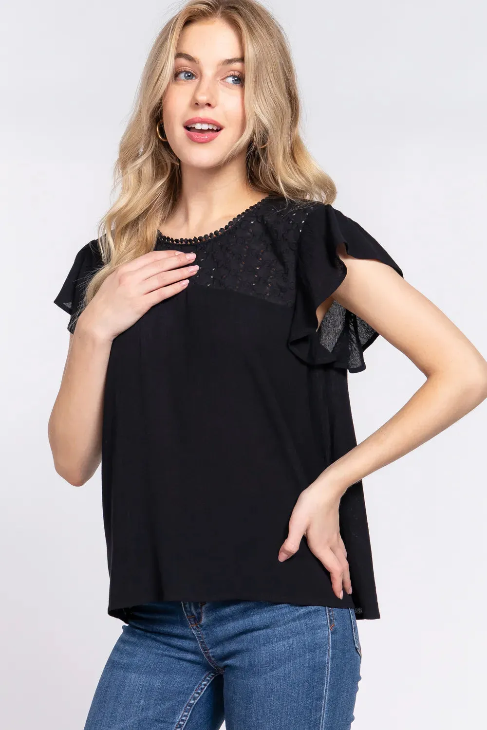 Ruffle Short Sleeve Crochet Blouse