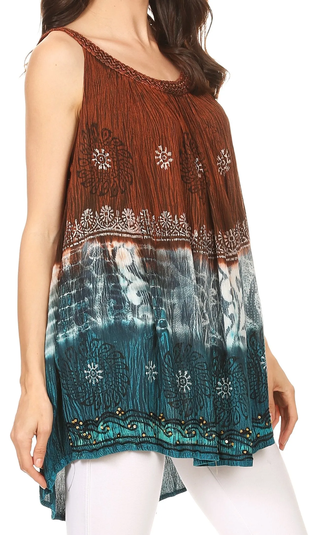 Sakkas Cecily Crinkle Floral Batik Tank with Sequins and Embroidery