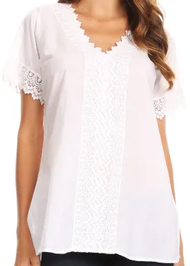 Sakkas Marisa Short Sleeve V-Neck Slim Fit Woven Cotton Blouse with Crochet Trim