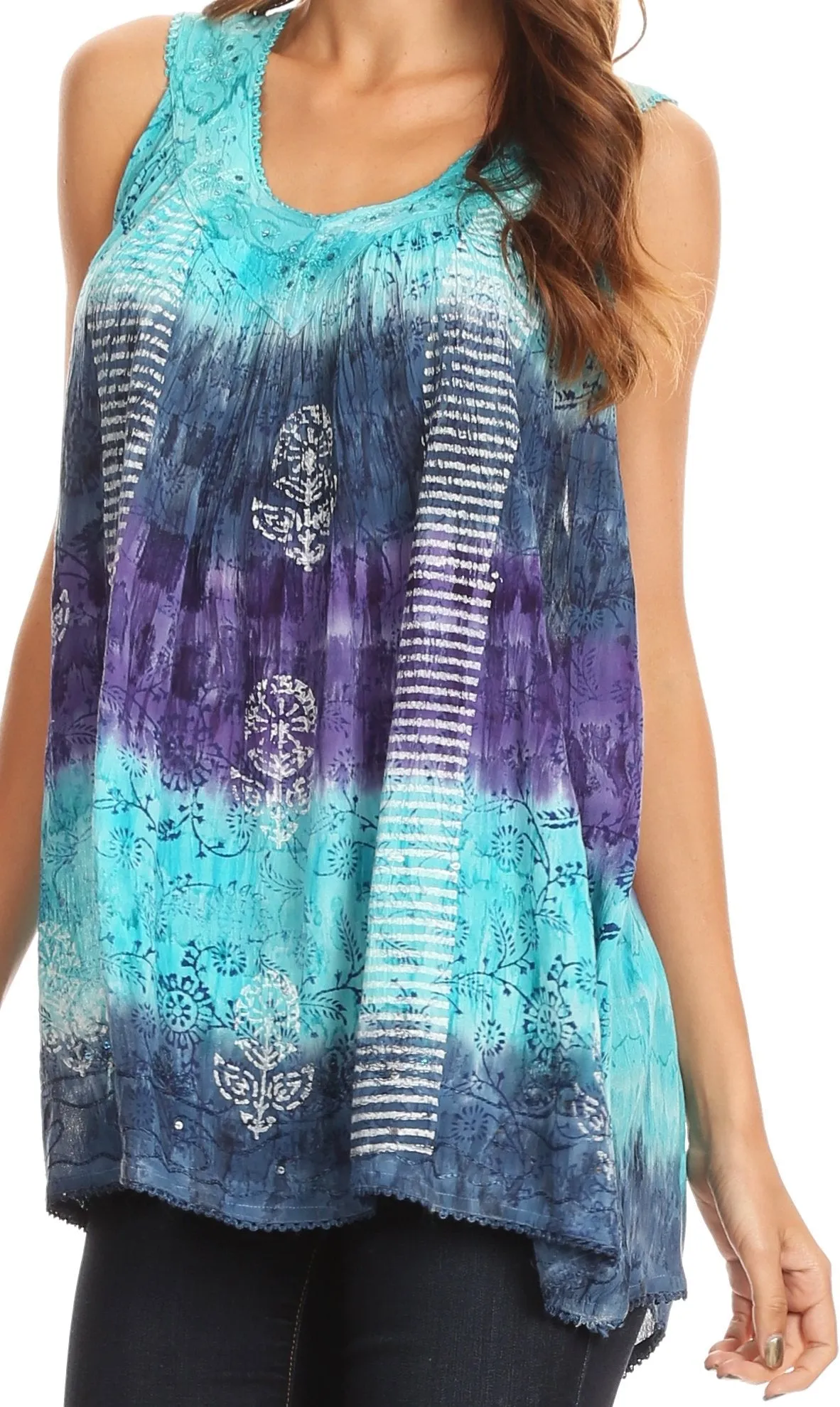 Sakkas Renee Dip Dye Floral Print Tank with Sequins and Embroidery