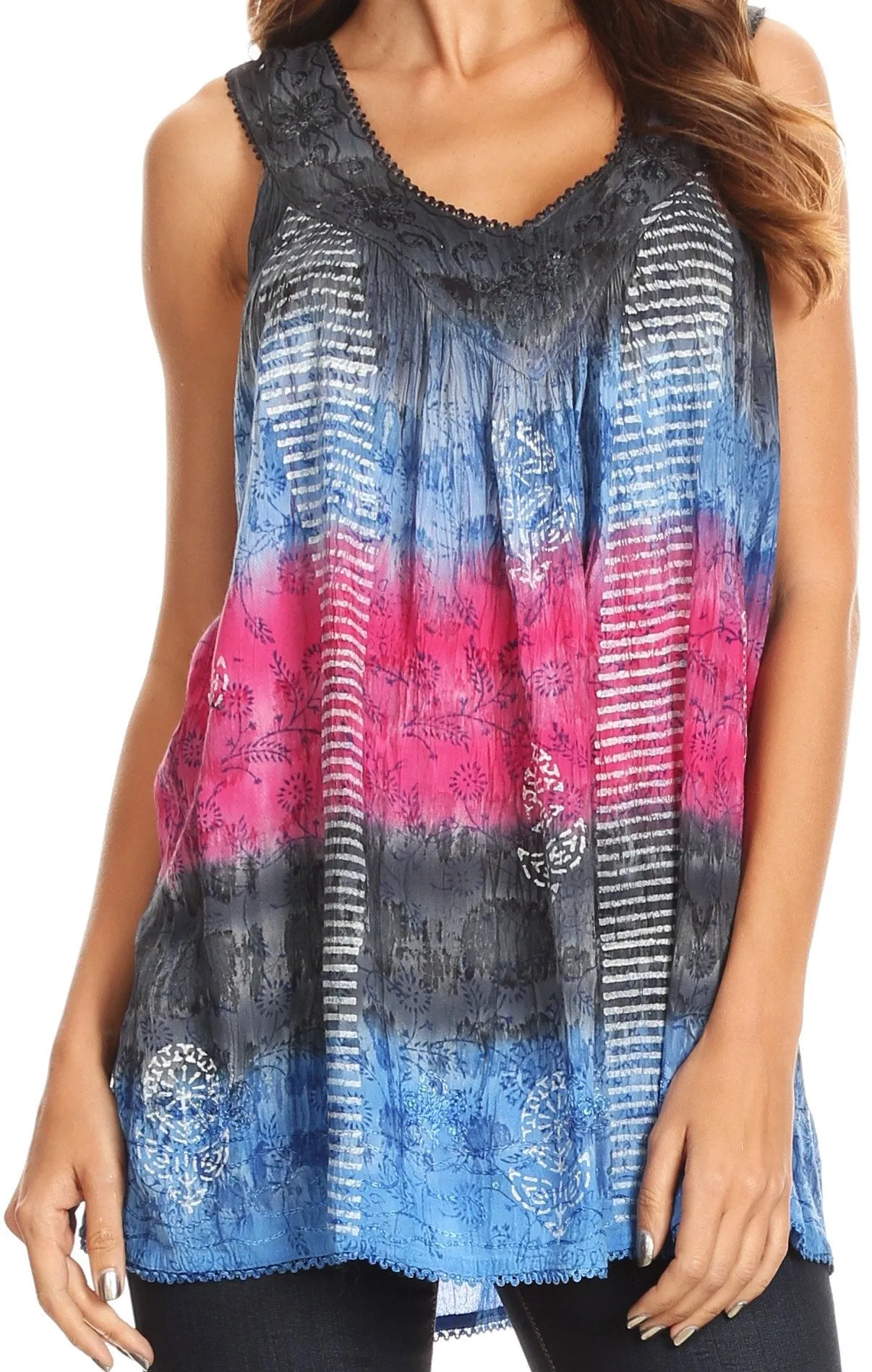 Sakkas Renee Dip Dye Floral Print Tank with Sequins and Embroidery