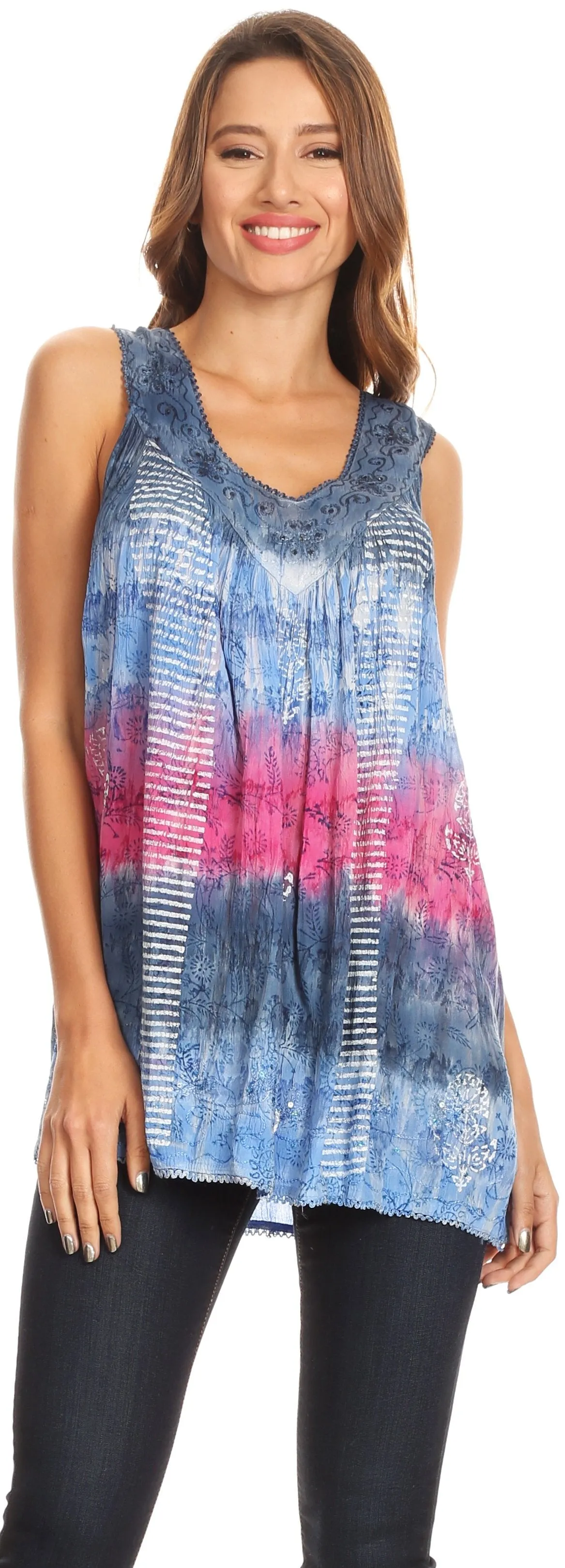 Sakkas Renee Dip Dye Floral Print Tank with Sequins and Embroidery