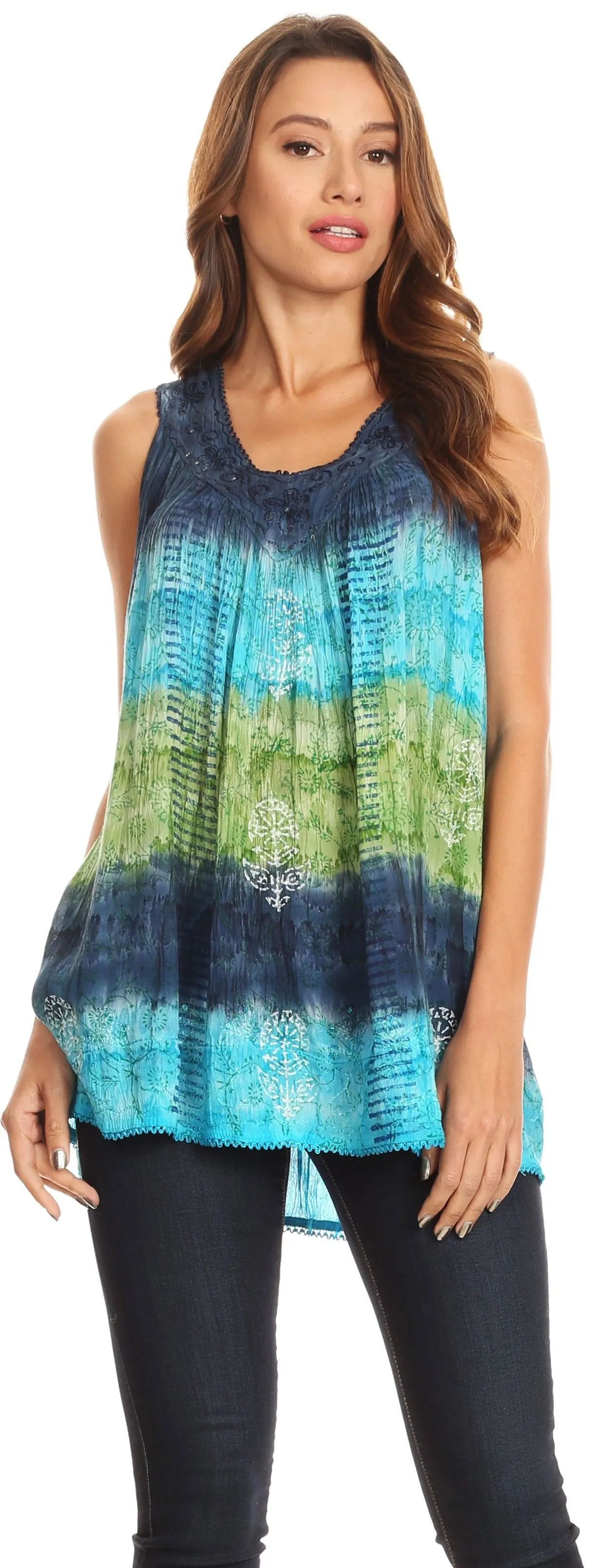 Sakkas Renee Dip Dye Floral Print Tank with Sequins and Embroidery