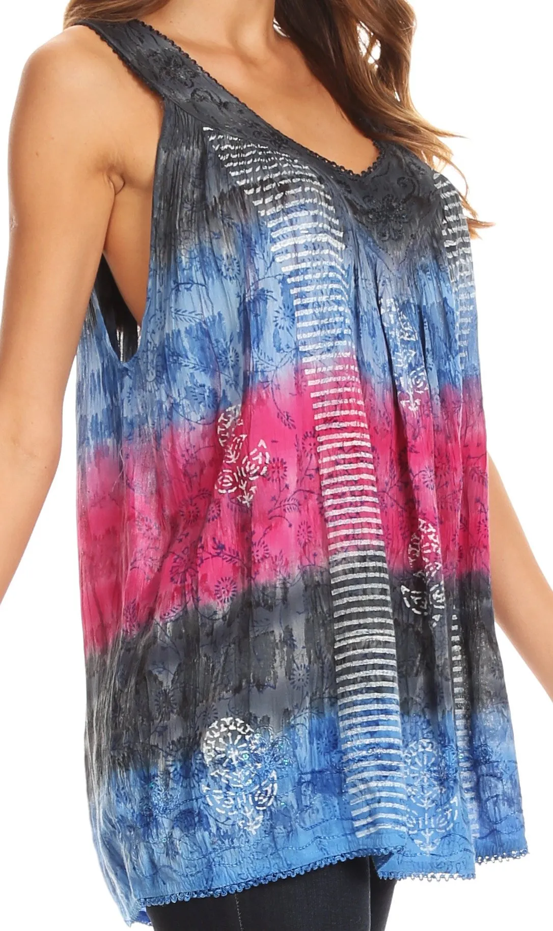 Sakkas Renee Dip Dye Floral Print Tank with Sequins and Embroidery