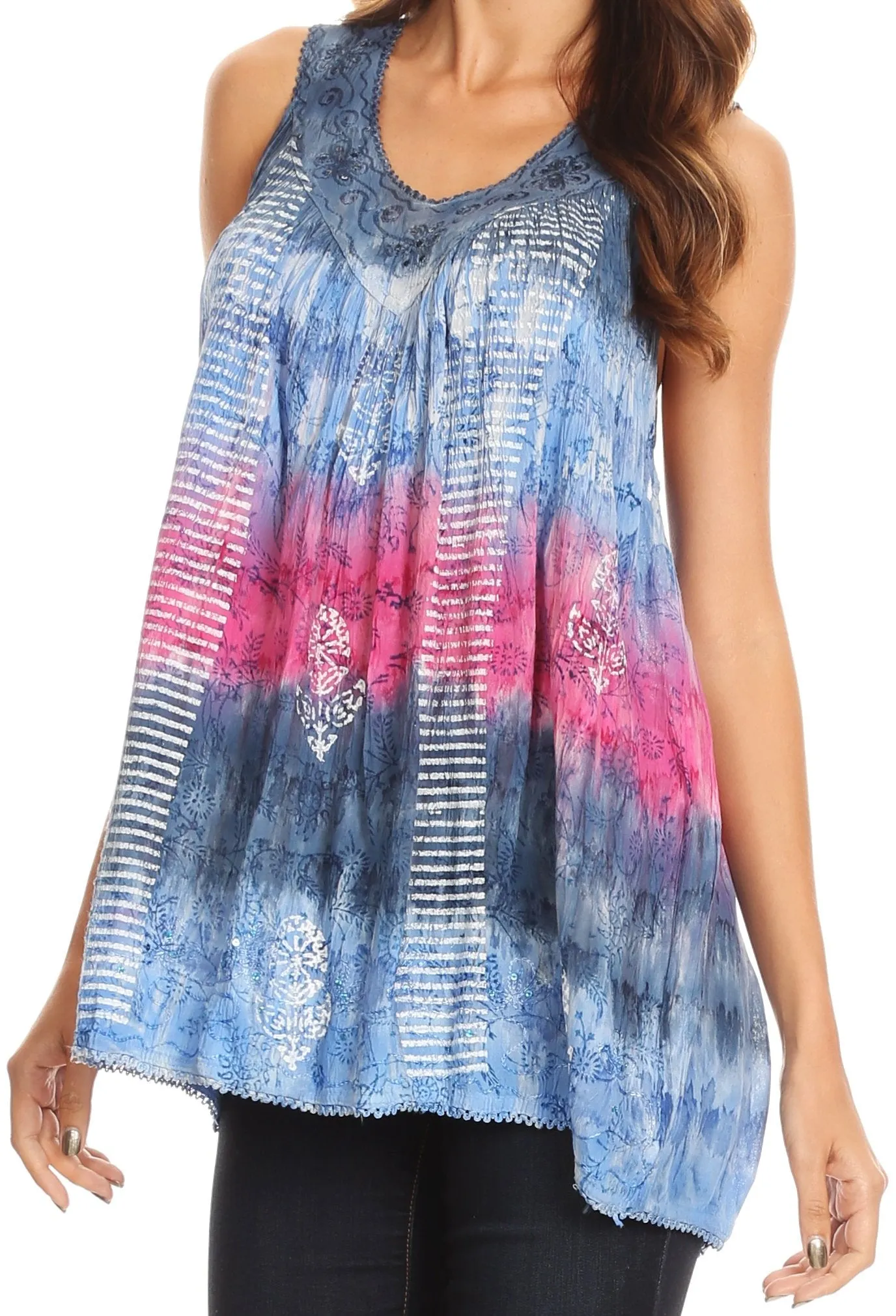 Sakkas Renee Dip Dye Floral Print Tank with Sequins and Embroidery