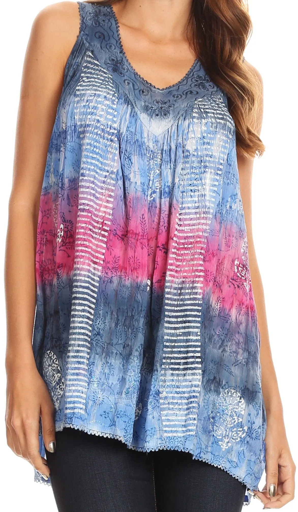 Sakkas Renee Dip Dye Floral Print Tank with Sequins and Embroidery