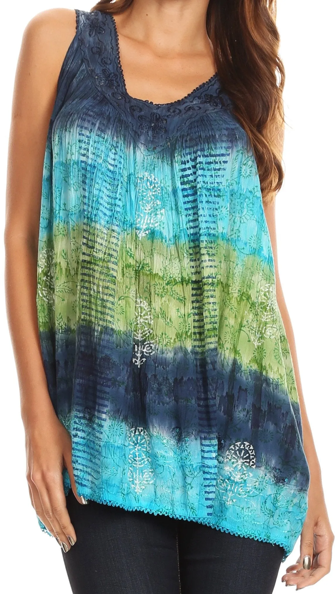 Sakkas Renee Dip Dye Floral Print Tank with Sequins and Embroidery