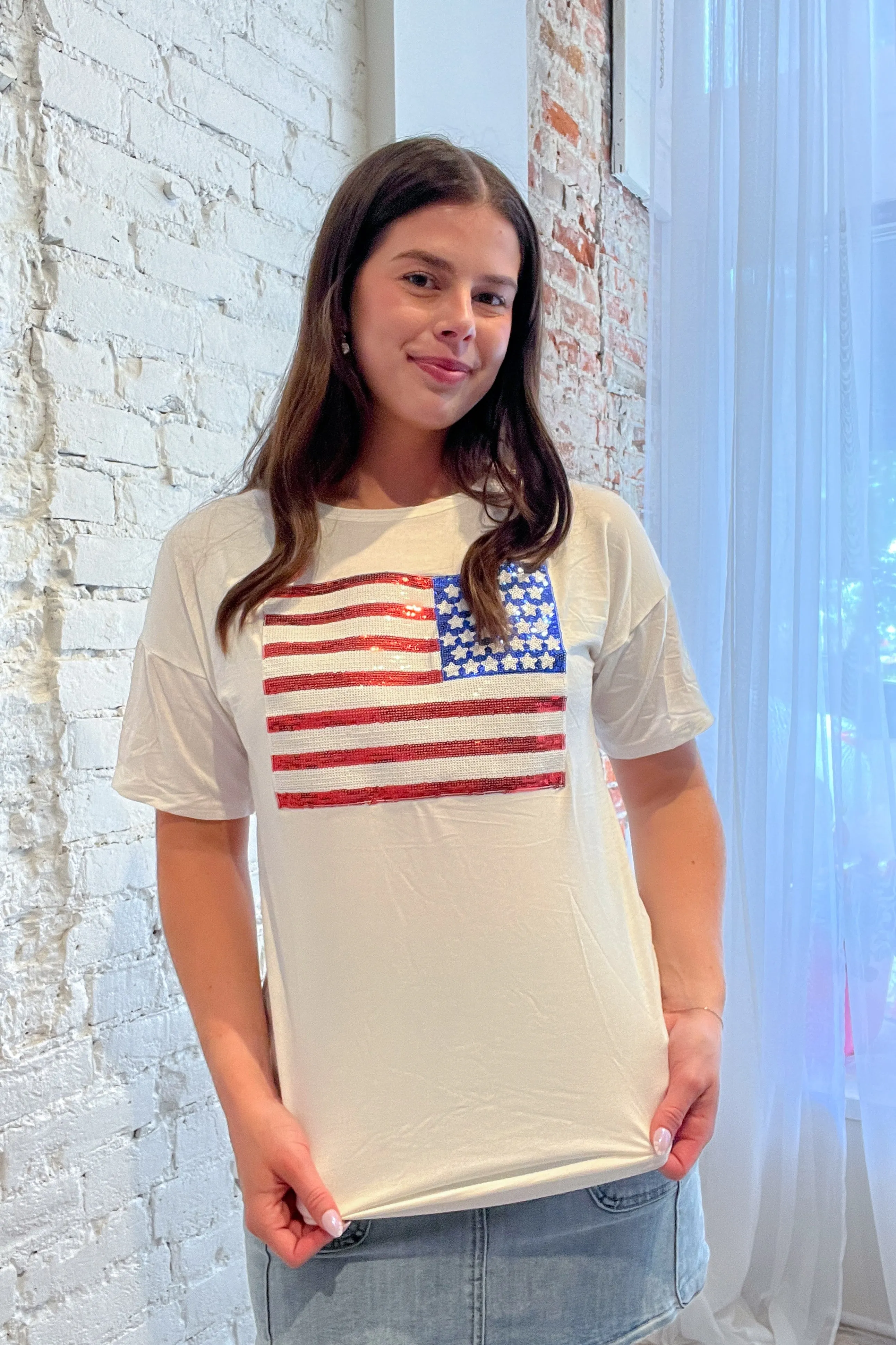 Starstruck White Sequin Flag Tee