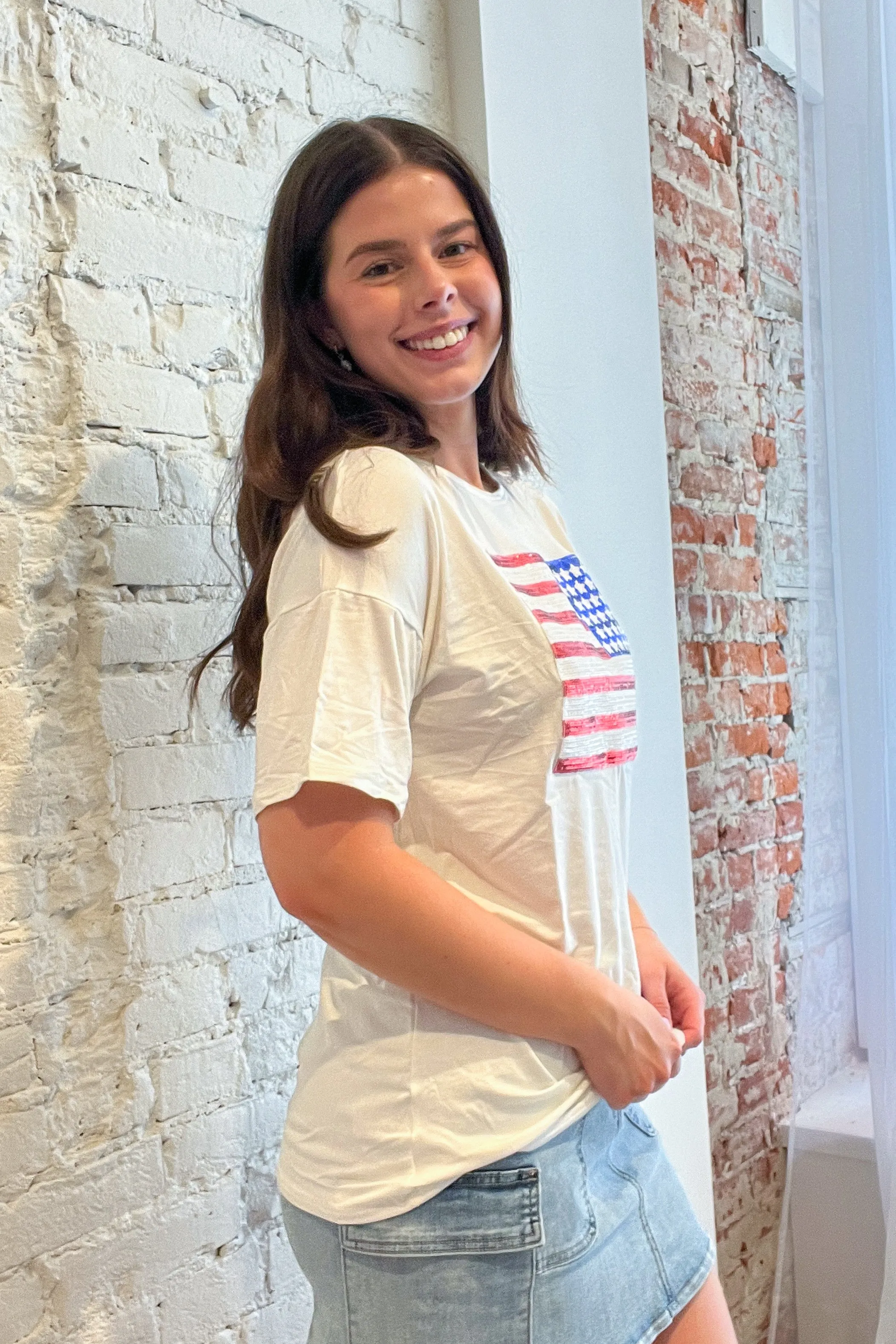 Starstruck White Sequin Flag Tee