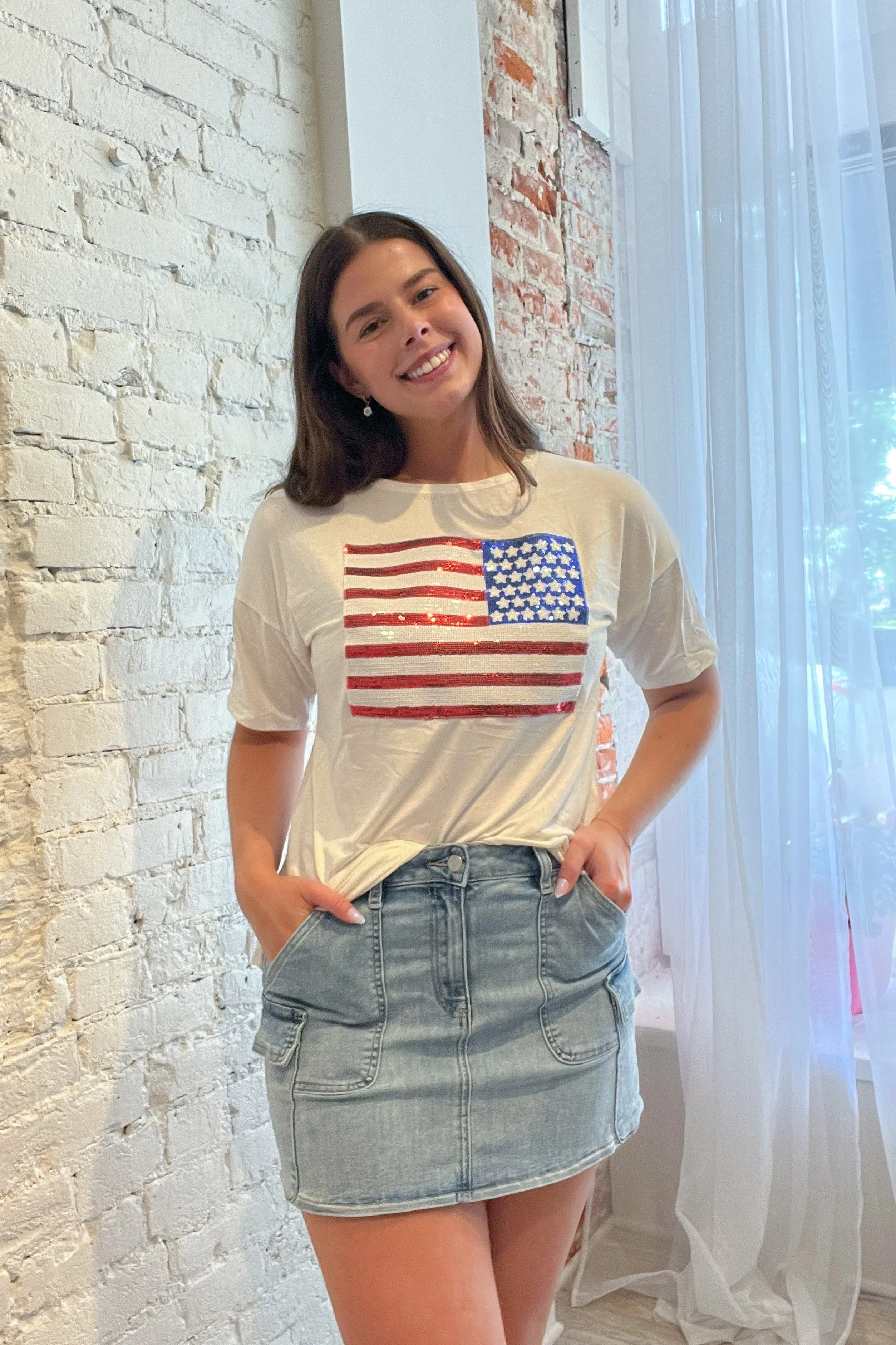 Starstruck White Sequin Flag Tee