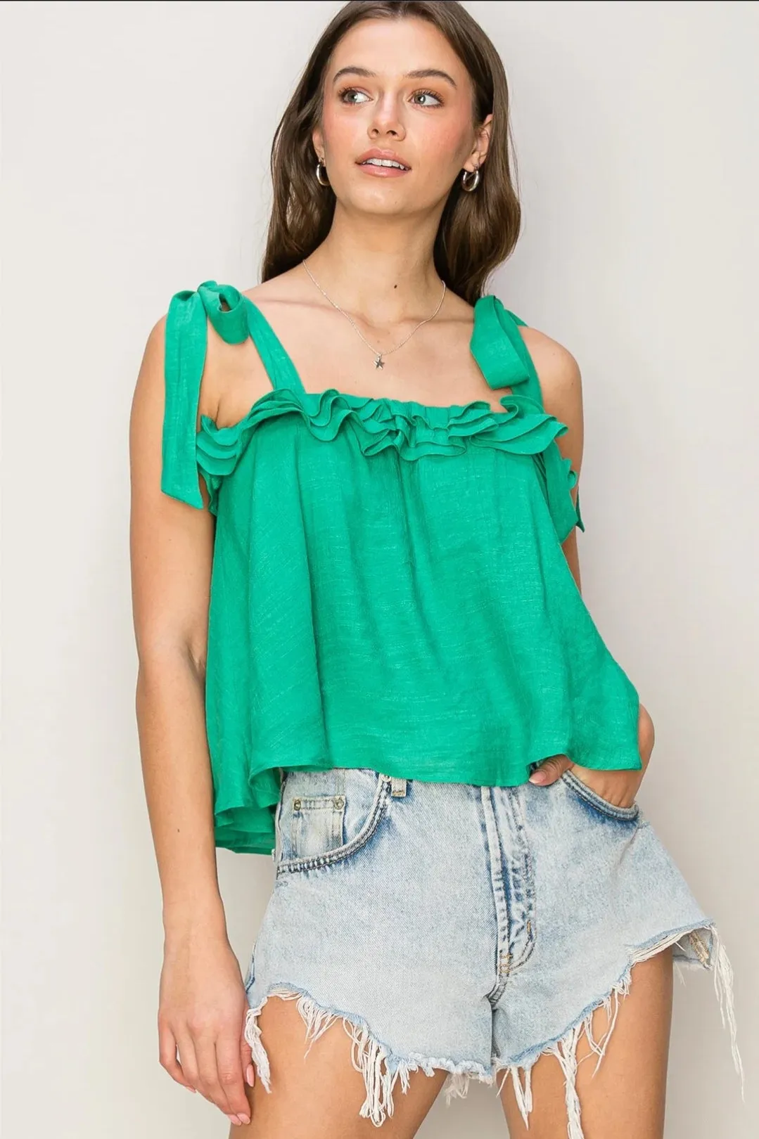 Tied Shoulder Frill Top