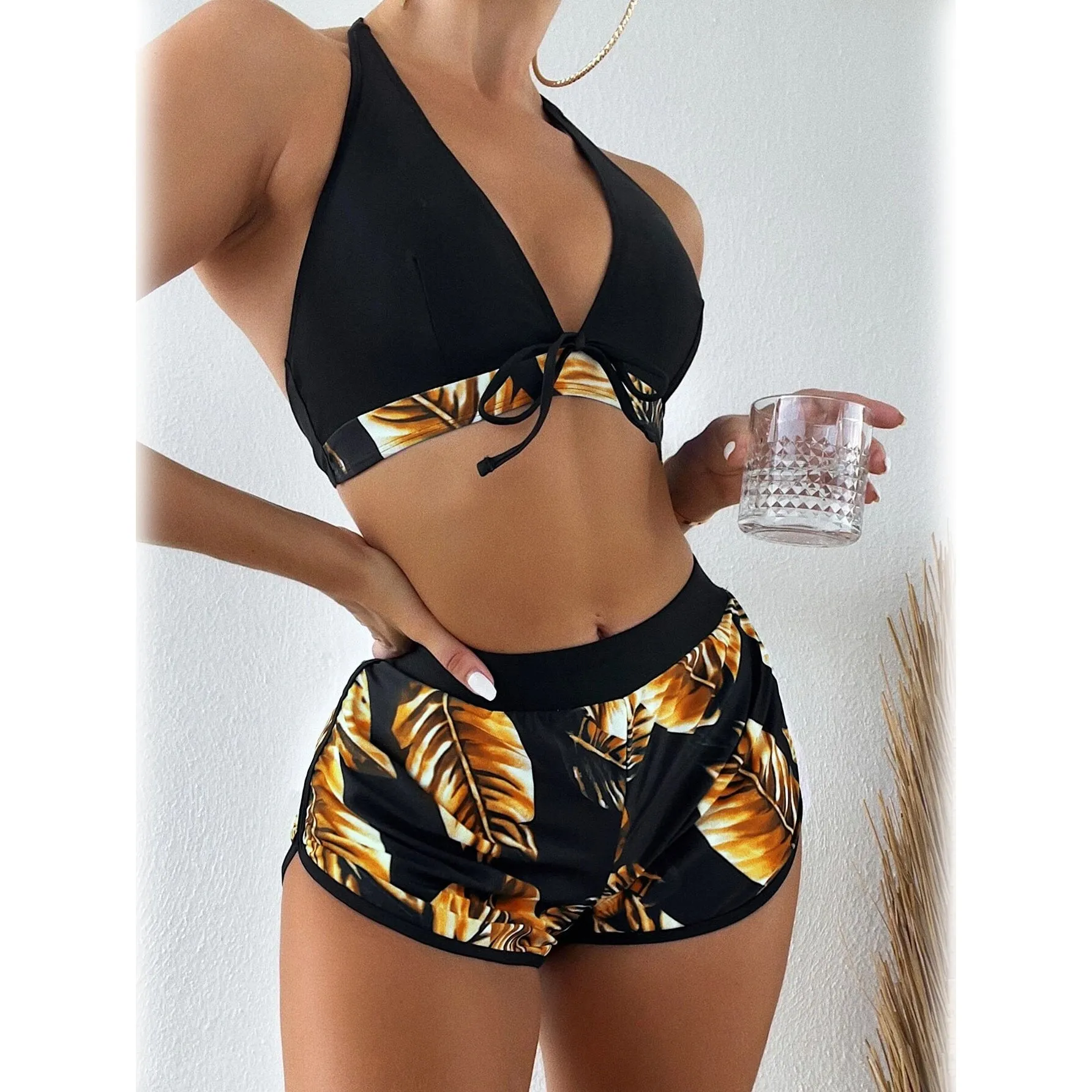 Tropical Print Halter Bikini Swimsuit with Swim Short