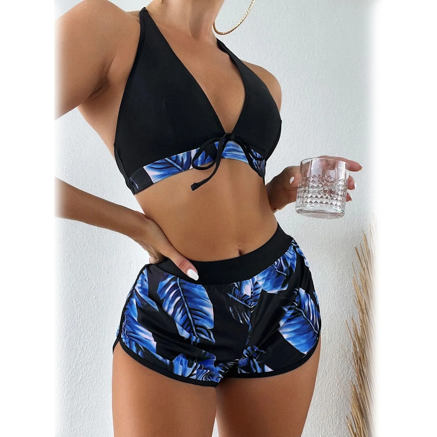 Tropical Print Halter Bikini Swimsuit with Swim Short