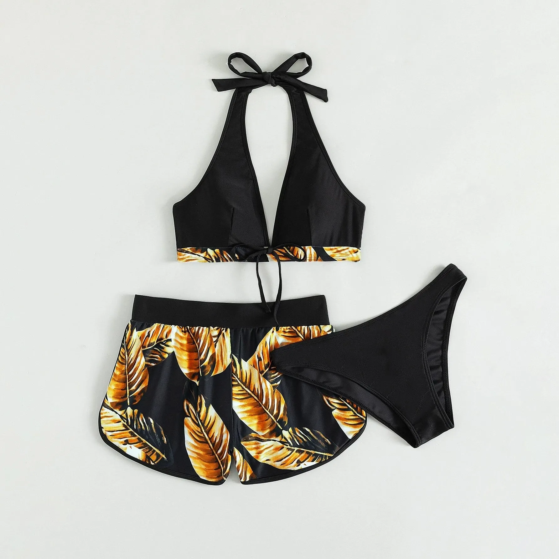 Tropical Print Halter Bikini Swimsuit with Swim Short