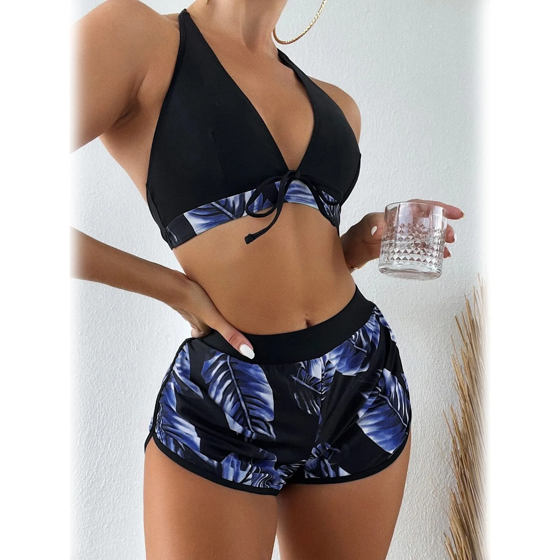 Tropical Print Halter Bikini Swimsuit with Swim Short