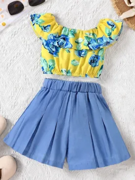 Tropical Tot Floral Top & Blue Pleated Short Set