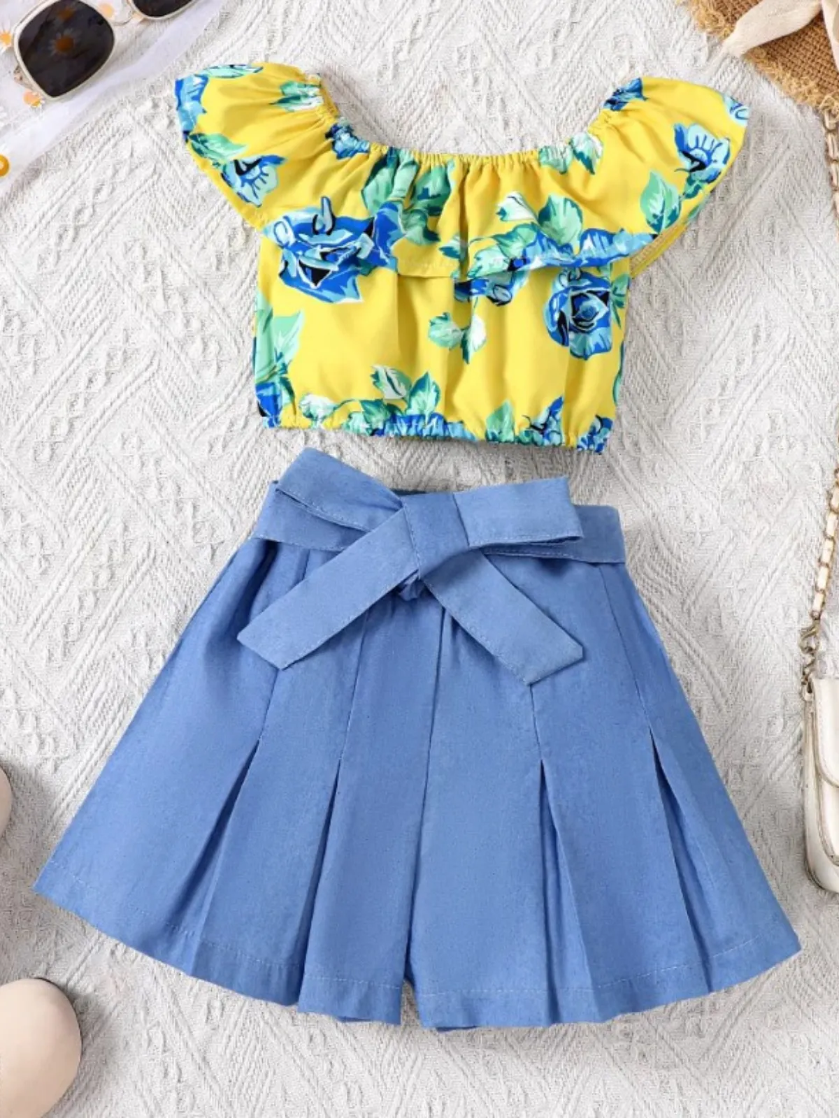 Tropical Tot Floral Top & Blue Pleated Short Set