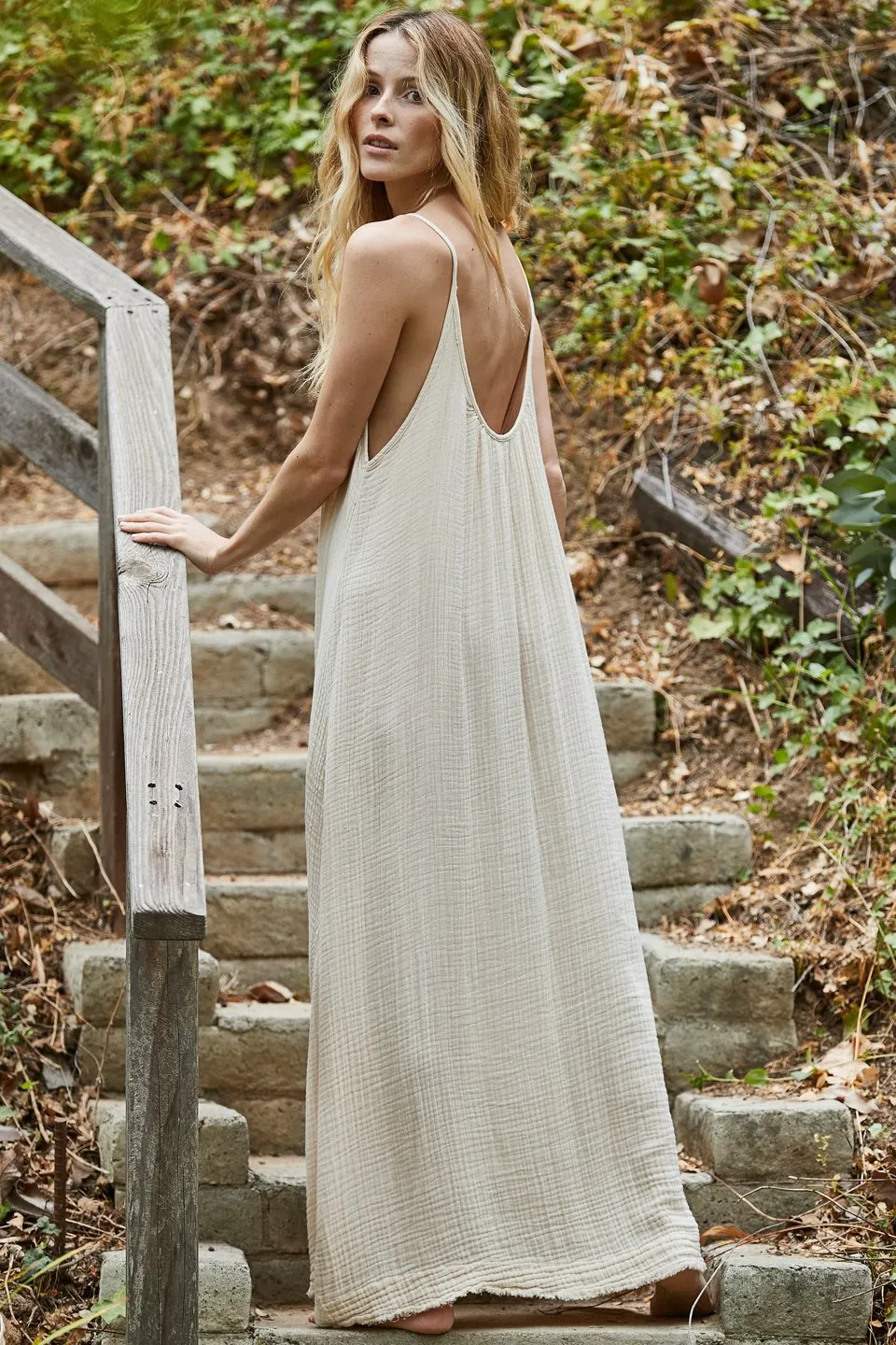 Tulum Lightweight Gauze Low Back Maxi, Oatmeal