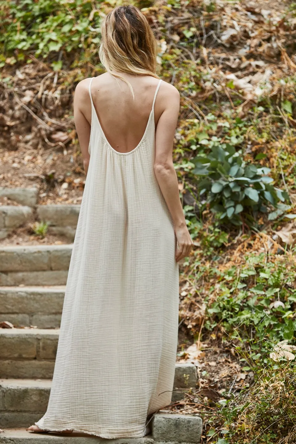 Tulum Lightweight Gauze Low Back Maxi, Oatmeal