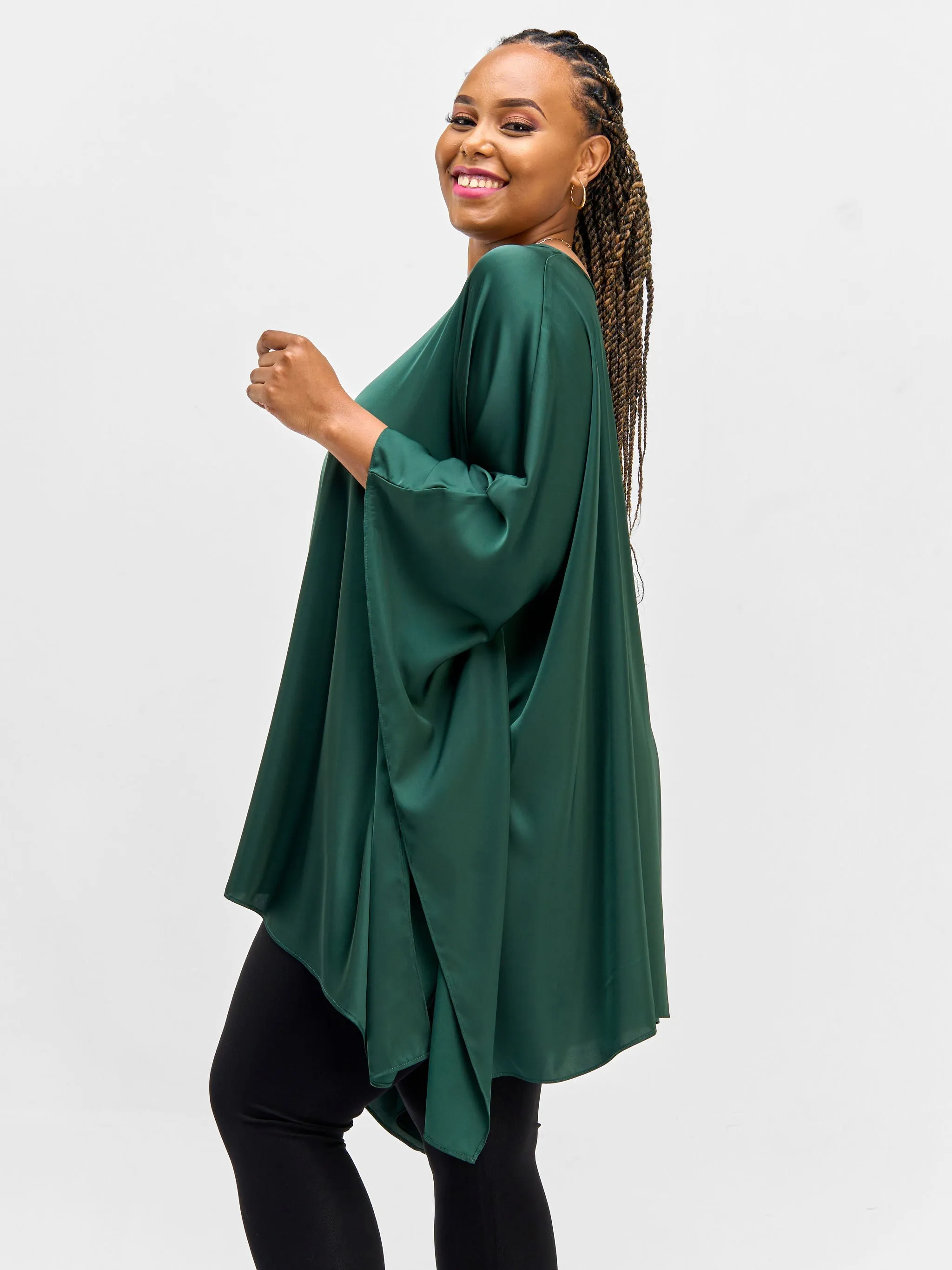 Vivo Nimali Hip Length Satin Kaftan - Dark Green