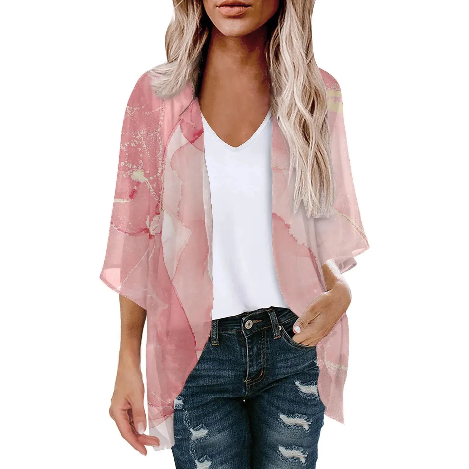 Womens Swimsuits Cover-Ups Summer plus Size Floral Print Kimono Cardigan Casual Short Sleeve Tops Loose Fit Coverups